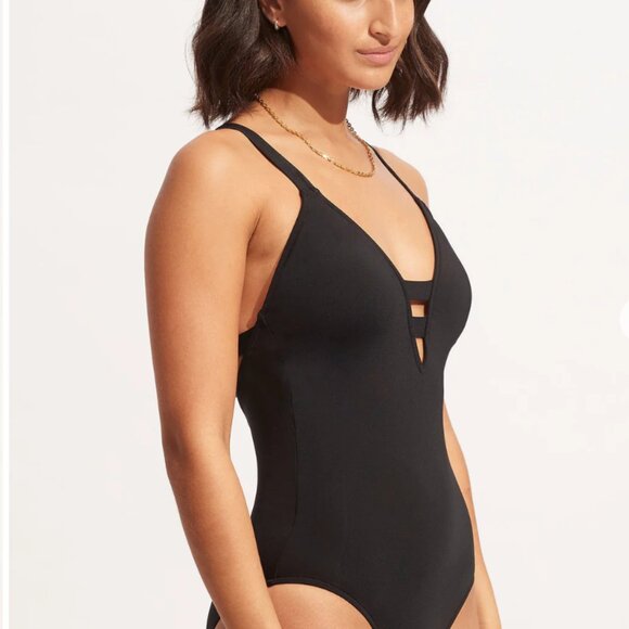 Seafolly Collective Deep V Maillot One Piece Swimsuit Black 14 L/XL - Picture 2 of 5